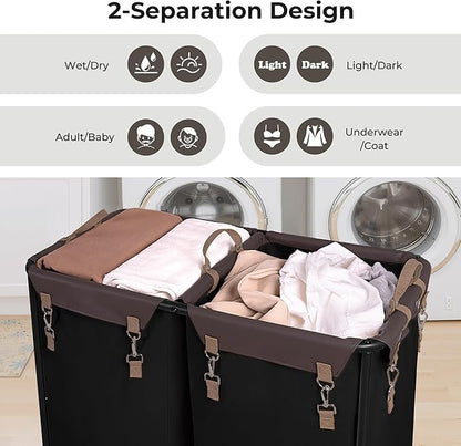 StorageWorks 280L Large Laundry Hamper with Wheels, Laundry Basket with Wheels 2 Sections, Clothes Sorter Cart with Divider for Hotel, Home, Black, 1-Pack