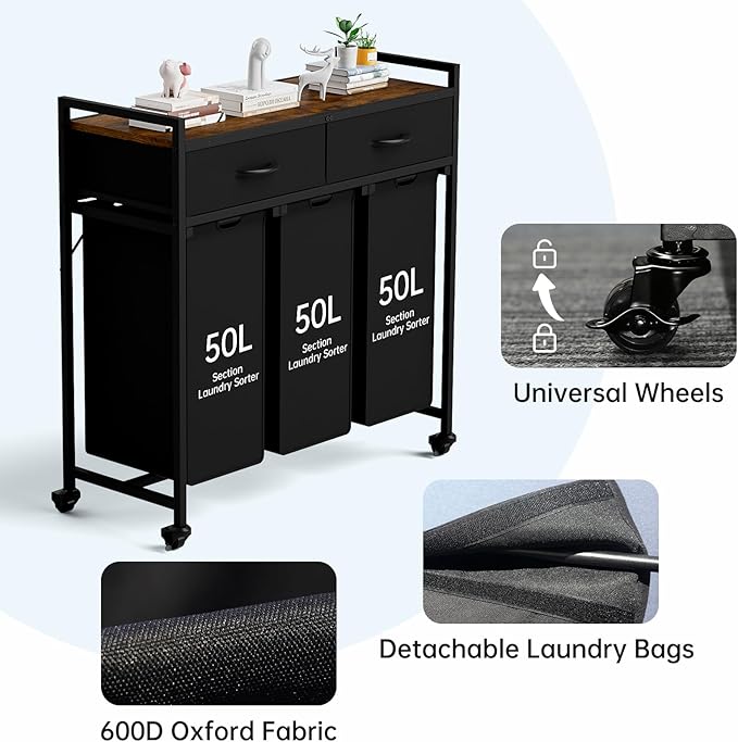 Laundry Sorter with 3 Section Pull Out Bags Rolling Laundry Basket Organizer with 2 Drawers Laundry Hamper with Shelves and Wheels for Laundry Room, Bathroom, Bedroom Organization (1 Tier)