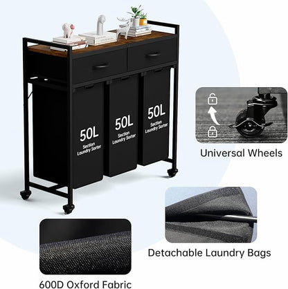 Laundry Sorter with 3 Section Pull Out Bags Rolling Laundry Basket Organizer with 2 Drawers Laundry Hamper with Shelves and Wheels for Laundry Room, Bathroom, Bedroom Organization (1 Tier)