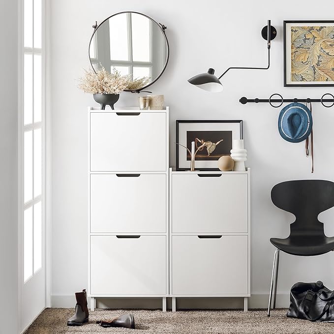 SoBuy Slim Shoe Cabinet Entryway, Narrow Shoe Rack with 2 Flip-Drawers, White Shoe Organiazer Hallway, Hidden Shoe Storage Cupboard Entrance, FSR151-W