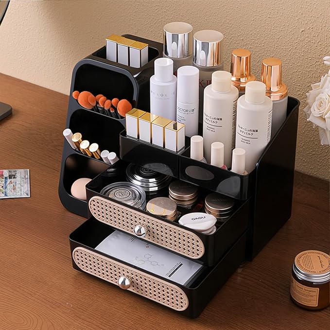Aveniee Makeup Organizer with Drawers, Large Bathroom Countertop Organizer for Vanity, Desk Cosmetics Storage for Perfume Brushes Skincare Eyeshadow Lotions Lipstick-Black