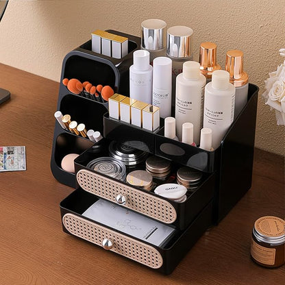 Aveniee Makeup Organizer with Drawers, Large Bathroom Countertop Organizer for Vanity, Desk Cosmetics Storage for Perfume Brushes Skincare Eyeshadow Lotions Lipstick-Black
