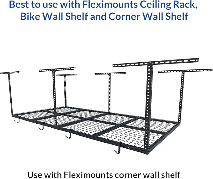 FLEXIMOUNTS 4 Pack Add On Storage Rail Hook Accessory for Ceiling Rack and Wall Shelving, Max Weight Capacity up to 50lbs, Black