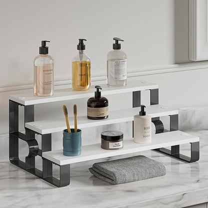 Cologne Organizer for Women,3 Tier Bathroom Organizer,Makeup Organizers,Perfume Stand for Dresser,Wooden Display Riser for Vanity,Bedroom,Waterproof(White-Width=14")