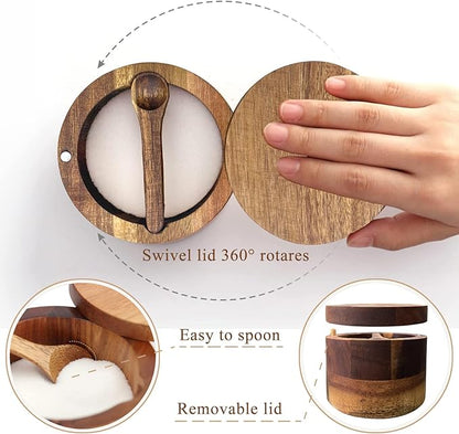 6.5 Ounce Acacia Wood Spice Box with Built In Spoon and Magnetic Rotating Lid Elegant Kitchen Salt Container Holder for Storing Pepper Spices Salt or Your Favorite Seasonings