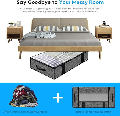 Onlyeasy 4 Pack Under Bed Clothes Storage Bags Organizer with Reinforced Handles and Zippers, Foldable Underbed Storage Container Bags for Blankets, Comforters, Bedding, Linen-like Black, MXAUBBP4