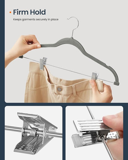 SONGMICS HOME Velvet Pants Hangers with Adjustable Clips, Non-Slip Space-Saving Clothes Hangers, 30 Pack, Shoulder Notches for Skirts, Gray