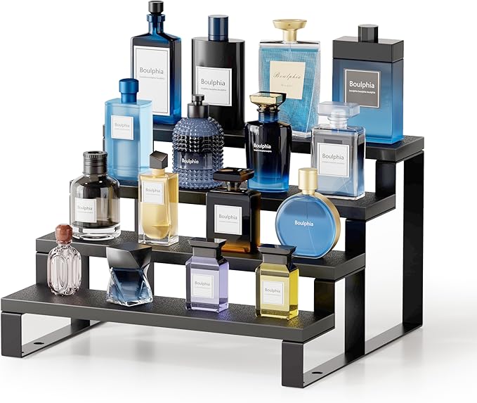 Boulphia Cologne Organizer for Men, 12 Inch Wood Cologne Stand 4 Tier Perfume Organizer for Dresser, Versatile Step Display Stand Shelf for Fragrance, Skincare, Figurine, Dessert, 1 Set Black