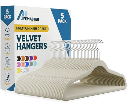 Lifemaster Velvet Clothes Hangers – with 360 Degree Swivel Hook and Non-Slip Shoulder Notch, Holds Up to 10 lbs, Heavy Duty Hanger Set, for Organizing Suit, Dress, Coat, and Clothes, Pack of 5, Ivory