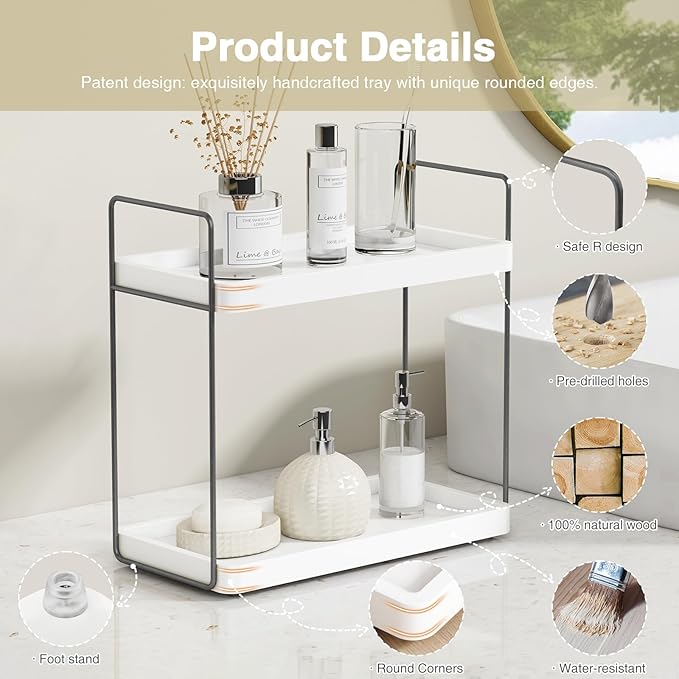 Forbena White Bathroom Organizer Countertop, Kitchen Counter Shelf Organizer for Coffee Bar Station, Makeup Vanity Organizers and Storage, Tiered Sink Tray for Perfurm Skincare (White and Grey)