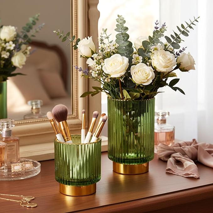 2 Pack Glass Makeup Brush Holder Organizer, Crystal Glass Toothbrush Holders, Desk Pen Pencil Holder, Multifunctional Vintage Brush Cup for Desk Vanity Bathroom Bedroom