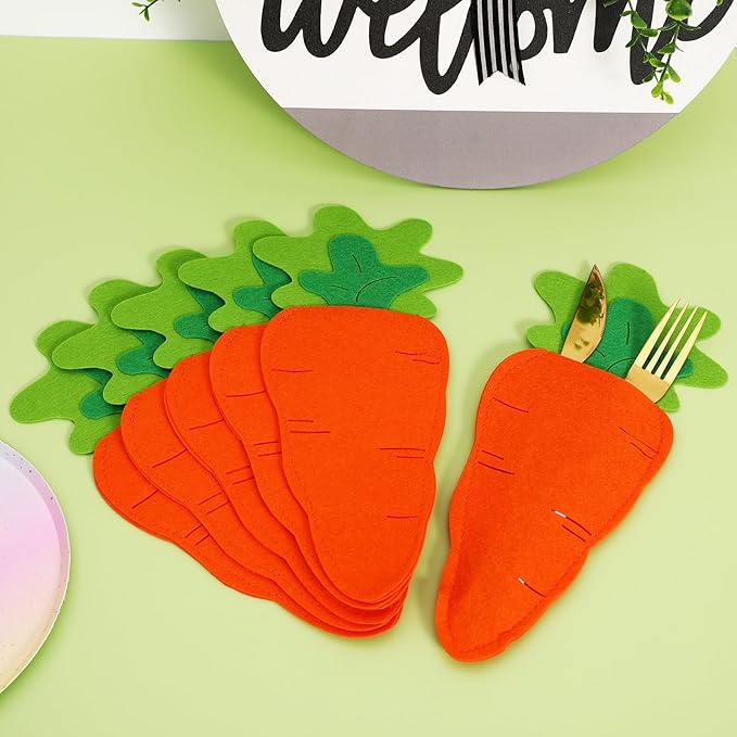 Luxshiny 6 Pcs Easter Cutlery Bags Carrot Shape Silverware Holder Fork Spoon Pouch Utensil Storage for Festival Dining Table Decor