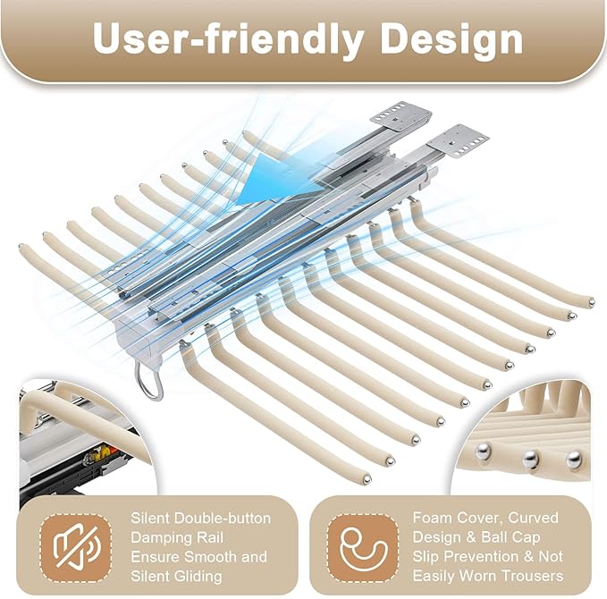 Pull Out Trousers Rack Pants Hanger Bar, 22 Arms Steel Pull Out Pants Rack,Top-Mounted Jeans Pants Clothes Organizers Hanger for Displaying & Storing Trousers,Towels