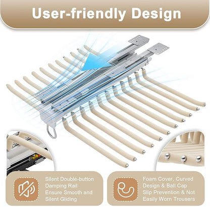 Pull Out Trousers Rack 22 Arms Closet Pants Hanger Bar Stainless Steel Hanger Rail Extendable Trousers for Clothes Towel Scarf Trousers Tie 18x23in (Beige, 22 Arms)
