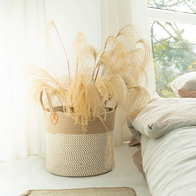 CHICVITA Large Wicker Jute Woven Storage Basket with Handles – Blanket Laundry Basket for Toys Towels Home Decor, White, 14" x 14" x 12"