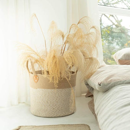 CHICVITA Large Wicker Jute Woven Storage Basket with Handles – Blanket Laundry Basket for Toys Towels Home Decor, White, 14" x 14" x 12"