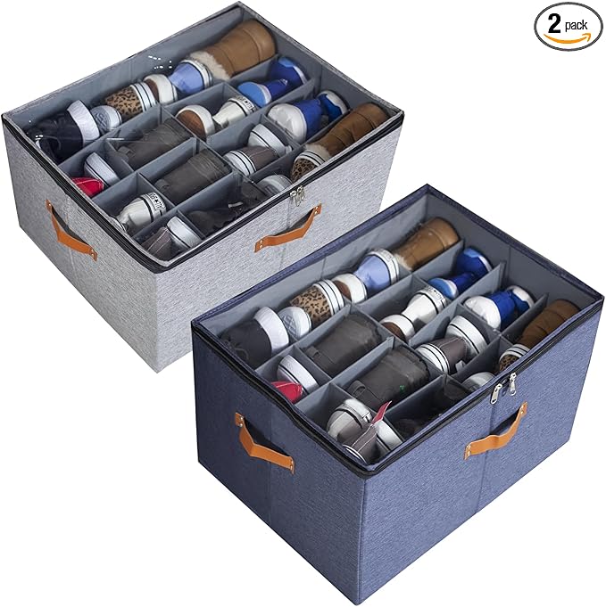 2-Pack,Shoe Organizer for Closet, Foldable shoe storage,Adjustable Shoe Storage Containers,Fits up to 32 Pairs, Clear Foldable Shoe Storage (2-Pack,gray+dark gray)