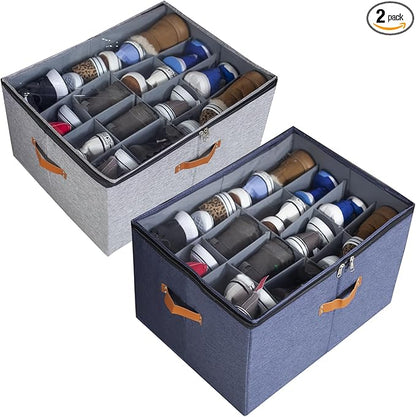 2-Pack,Shoe Organizer for Closet, Foldable shoe storage,Adjustable Shoe Storage Containers,Fits up to 32 Pairs, Clear Foldable Shoe Storage (2-Pack,gray+dark gray)