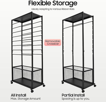 Ribbon Organizer Rack, Double Sided 16-Tier Ribbon Holder Organizer Rack, Flower Wrapping Paper Storage Stand, Scarf Tie Belt Towel Display Shelf Sewing Station Cart (Black)
