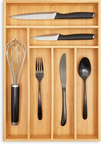 Juvale Kitchen Drawer Organizer Tray - 17 x 11.75 x 1.75 in, Natural Wood, 6-Slot Utensil & Cutlery Organizer - Silverware Holder & Storage Tray