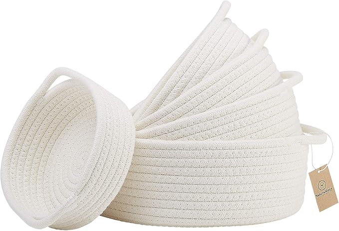NaturalCozy 5-Piece Round Small Woven Baskets Set– Cotton Rope Baskets for Organizing! Montessori Toys, Fruits Remotes Key Tray Bowl for Entryway Desk, Shallow Catchall Home Décor, Cat Dog Bin Gift