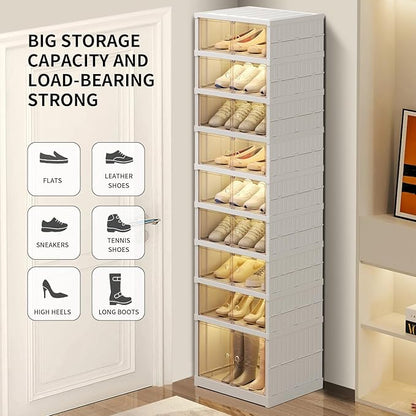 CIMLORD 9-Tier Foldable Shoe Rack Organizer for Closet 18Pairs Plastic Shoe Shelf Collapsible Shoes Storage Box Clear Shoe Boxes Stackable with Door Easy Assembly Shoe Cabinet with Lids Large