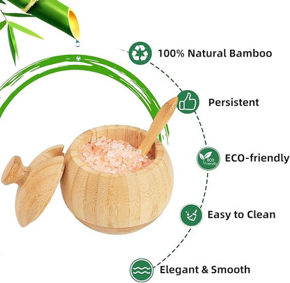 Bamboo Salt Cellar with Lid and Spoon, 1/2 Cup Wooden Spice Box Storage Container for Kitchen and Restaurant Countertop, Organizes Himalayan Pink, Kosher, Sea Salts & Herbs
