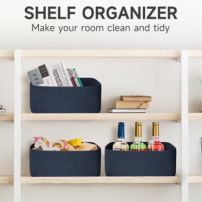 3-Pcs Shelf Baskets for Organizing, Closet Organizer Bins, Small Woven Baskets, Rope Toy Basket, Storage Basket for Shelves, Cube Decorative Box, 11.8×7.8×5.1”|Navy Blue