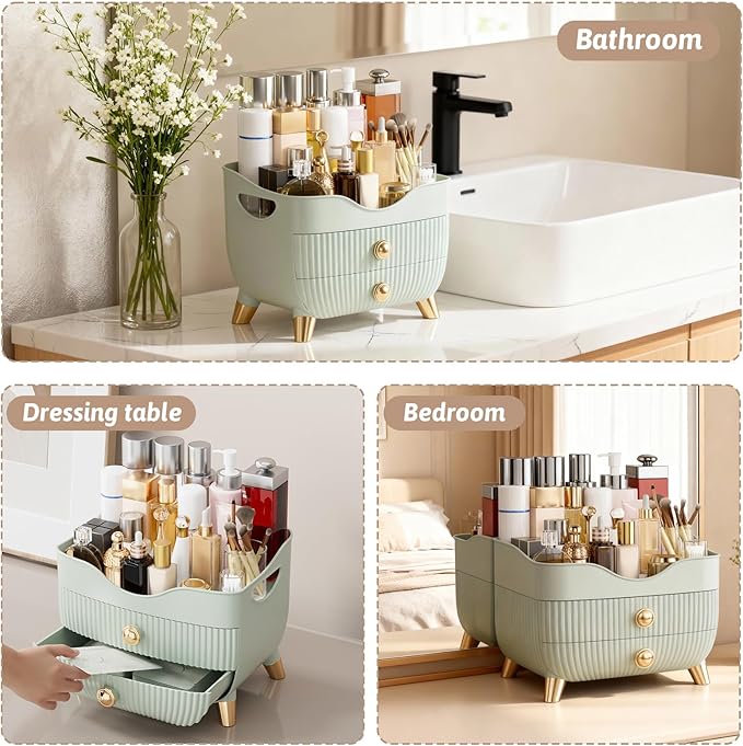 Makeup Organizer for Vanity, Large Capacity Skincare Cosmetic Organizer Countertop with 2 Drawers, Cosmetic Display Cases Makeup Storage Box for Bedroom, Bathroom, Ideal Gifts for Women(Green)