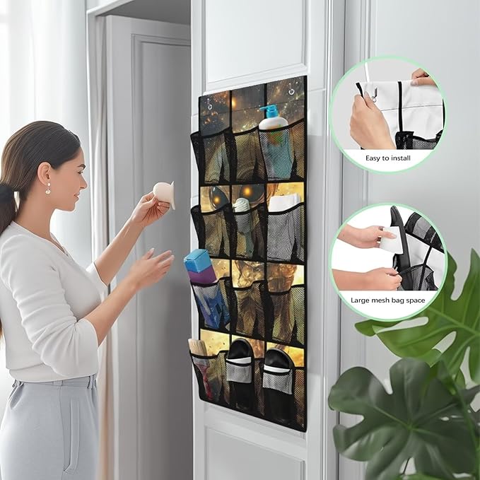 Alien Over the Door Shoe Organizer with Pockets 4 Shelf Large Shoe Organizer Door Hanger for Bathroom Small Spaces Apartment Bedroom Closet Door Hanging Storage Bag