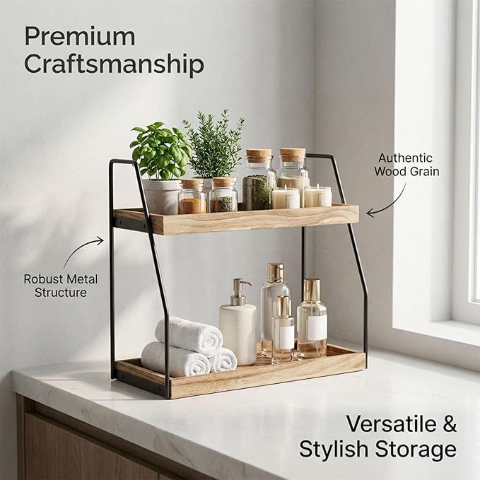 Krismax Bathroom Countertop Organizer, 2 Tier Vanity Organizer and Storage for Cosmetic Skincare Perfume, Wood Storage Shelf for Bathroom Kitchen Coffee Station Tiered Tray