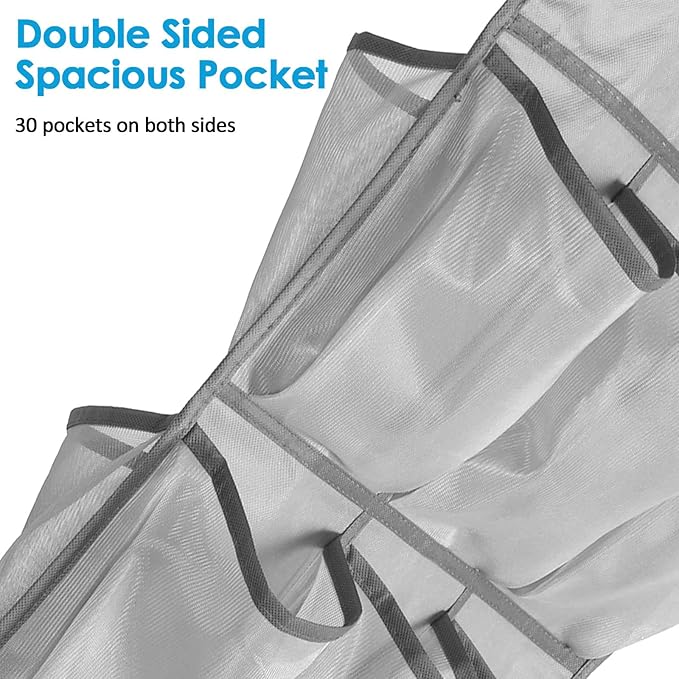 3Pcs 30 Large Pockets Dual Sided Hanging Shoe Organizer Double-Side Closet Storage Shelves with Rotating Hanger Space Saving Storage Bag Portable Shoe Rack Holder for Bedroom Laundry Room,Gray