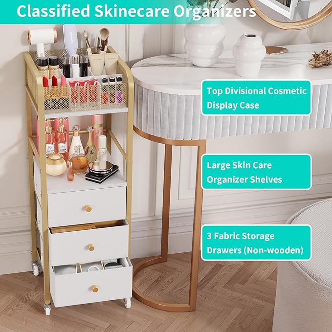 HapiRm Rolling Makeup Cart Organizer - Floor Skincare Make Up Storage with 3 Non-woven Fabric Drawers, Vanity Organizer Cosmetic Display Cases Holder for Skin Care Perfume Nail Polish Brush Hair Tool