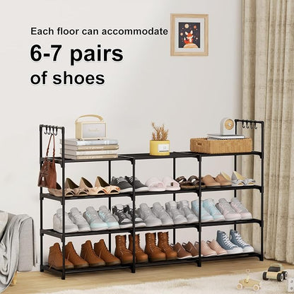 3 Row 4 Tier Long Shoe Rack, Black Metal Stackable Shoe Shelf with Multifunctional Hooks, Shoe Storage Hold 24-30 Pairs, Space Saving Shoe Organizer for Closet,Wide Shoe Rack