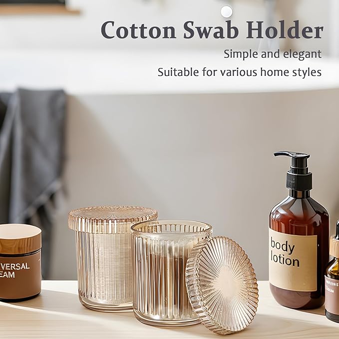 Hipiwe Glass Qtip Holder Dispenser 2 Pack Q-tip Apothecary Jars Cotton Swabs Organizers and Storage Bathroom Canister with Lid Vanity Makeup Organizer for Cotton Balls, Pads, Floss Picks, Amber
