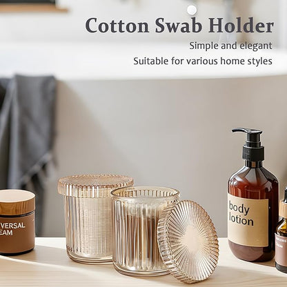 Hipiwe Glass Qtip Holder Dispenser 2 Pack Q-tip Apothecary Jars Cotton Swabs Organizers and Storage Bathroom Canister with Lid Vanity Makeup Organizer for Cotton Balls, Pads, Floss Picks, Amber
