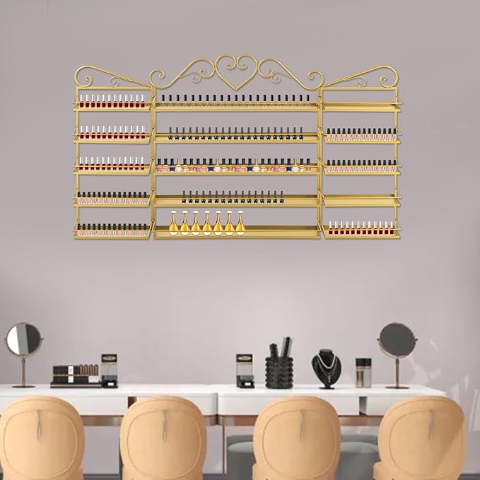 5 Tiers Wall-Mounted Nail Polish Storage Racks Metal Nail Polish Holder Cosmetic Display Case Lipstick Perfume Wall-Mounted Shelf for Home Spa Nail Salon Shop