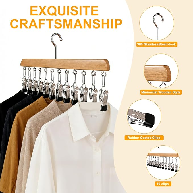 Closet Organizer with 10 Clips, 2 Pack Legging Organizer for Closet 10 Clips, Space Saving Hanging, Wooden, Multifunctional Storage for Clothes, Leggings, Sock, Jeans & More
