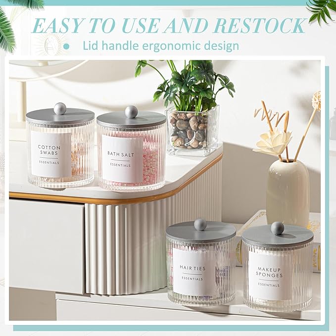 Yaomiao 6 Pcs Ribbed Bathroom Canisters Apothecary Jars with Silver Bamboo Lids and Label Stickers, 18 oz Plastic Canister with Fluted Design for Cotton Ball, Swab, Floss Picks House Storage