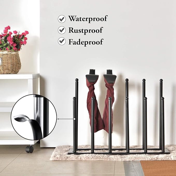 MyGift Modern Black Metal Boot Rack for Tall Boots Storage, Free Standing Entryway Shoe Rack Walk-In-Closet Boot Organizer with 12 Long Posts, Holds 6 Pair