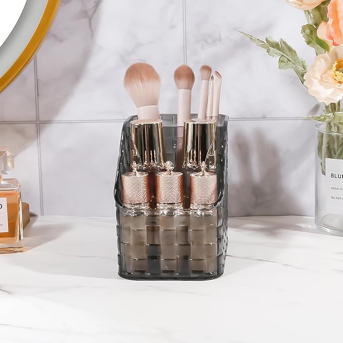 DASITON Makeup Brush Holder Organizer, 3 Slots Acrylic Makeup Brushes Storage Cup, Woven Texture Make Up Brush Holder for Vanity Bathroom Office, Pen Holder for Desk, Cosmetic Display Cases (Grey M)