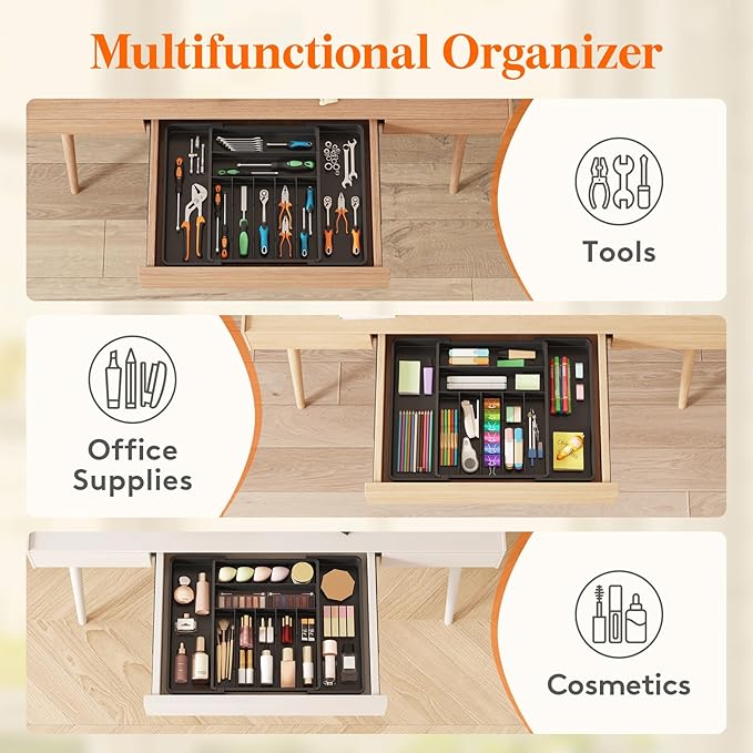 Lifewit Silverware Drawer Organizer, Expandable BPA Free Plastic Utensil Tray for Kitchen, Adjustable Flatware Cutlery Holder for Spoons Forks Knives, 13-22.3 x 16.7", Black