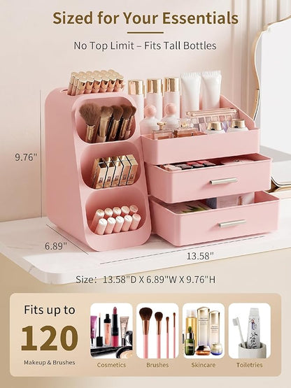 Booklov Makeup Organizer for Vanity, Large Capacity Cosmetic Display Case with Drawers, Countertop Beauty Storage Holder for Skincare, Brush Eyeliner Perfume Eyeshadow Lipsticks, Counter Desk, Pink
