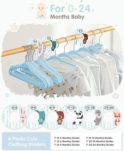VIS'V Baby Hangers, 11 Inch Velvet Kids Hangers with 6 Pcs Clothes Size Dividers, Infant Toddler Nursery Closet Organization, Non Slip, Blue, 50 Pcs