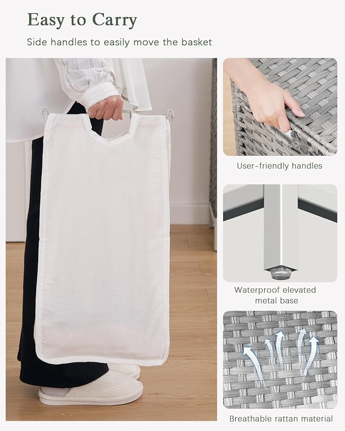 SETVSON Laundry Hamper with Lid 132 L, (35 Gallons) Clothes Hamper with Lid, Handwoven Rattan Laundry Hamper with Metal Heightened Feet, Laundry Hampers with 3 Removable Liner Bags for Laundry-Gray