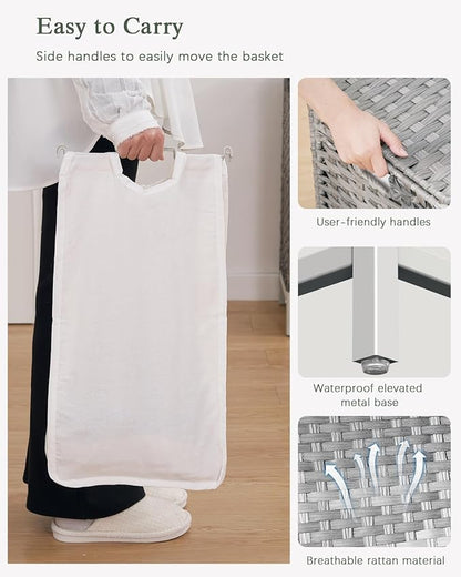 SETVSON Laundry Hamper with Lid 132 L, (35 Gallons) Clothes Hamper with Lid, Handwoven Rattan Laundry Hamper with Metal Heightened Feet, Laundry Hampers with 3 Removable Liner Bags for Laundry-Gray