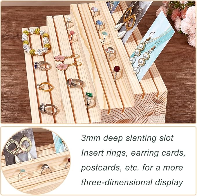 NBEADS 4-Tier Wood Jewelry Display Stand, Wooden Earring Organizer Holder with Grooves Jewelry Showcase Rack for Rings Earring Display Cards Photo Home Decorations