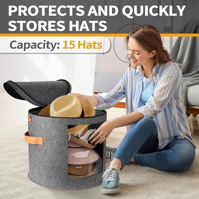 kushon Oversized Hat Storage Box for Women & Men，19" D x 17" H Cowboy Hat Boxes with 1 Wood Hook Felt travel Round Hat Organizer Box with Dustproof Lid (Gray)