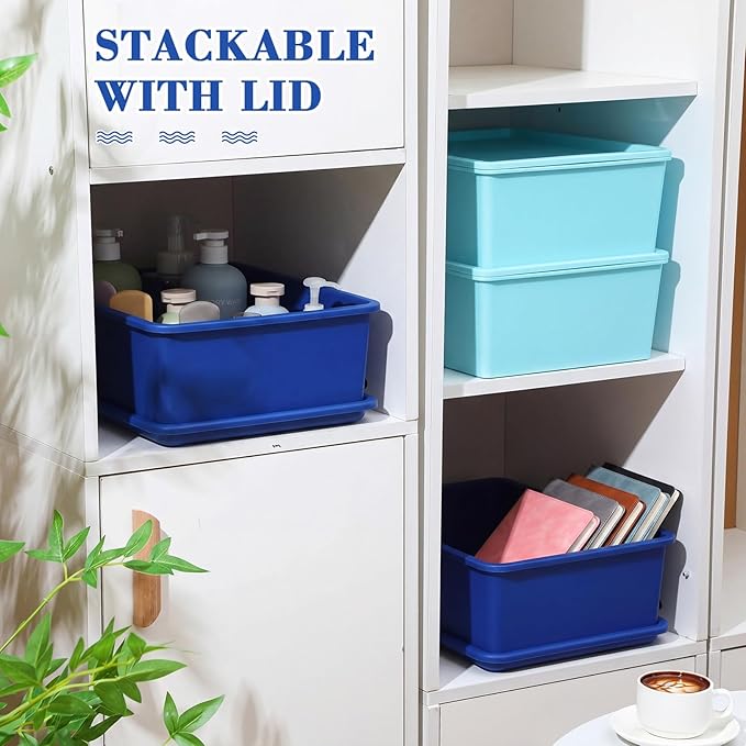 Menkxi 4 Pcs Storage Bins with Lids Plastic Stackable Containers for Organizing Shelves Christmas Ornament Box Baskets(Dark Blue, Light Blue,Large)