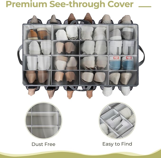 Extra Large Shoe Organizer for Closet, Fits up to 28 Pairs, Fabric Shoe Box Storage Containers with Adjustable Dividers and Clear Cover, Grey, 1 Pack